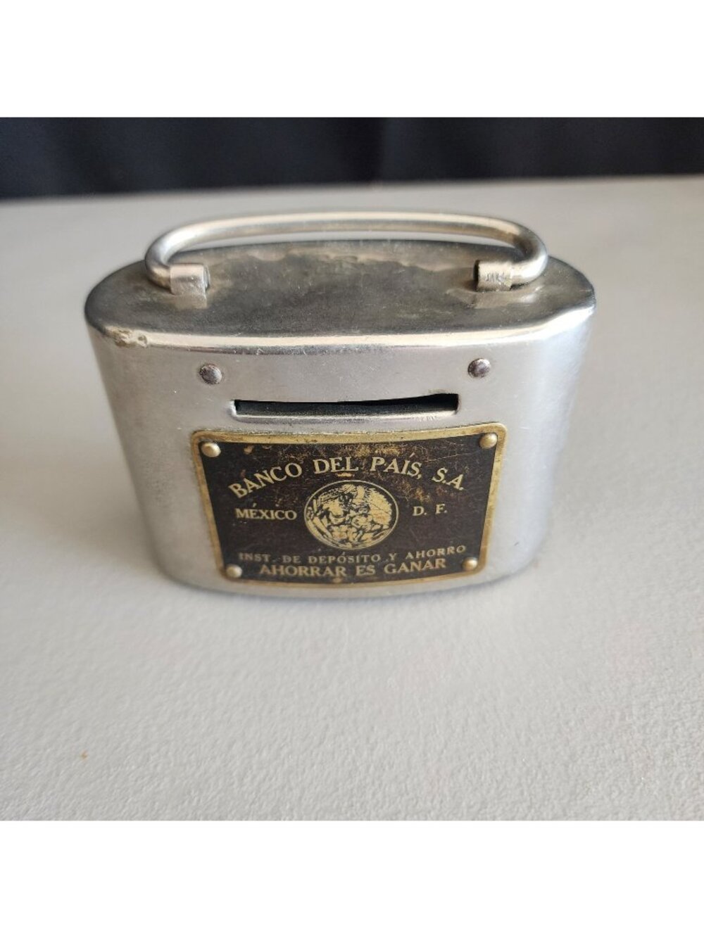 Vintage Banco del Pais S.A. Mexico Metal Coin Bank - Antique Promotional...